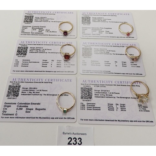 233 - Six Gemporia 9ct gold gem set rings including pink sapphire, emerald, all with Gemporia certificates... 