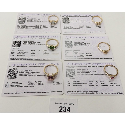 234 - Six Gemporia 9ct gold gem set rings including aquamarine, tsavorite etc,  all with Gemporia certific... 