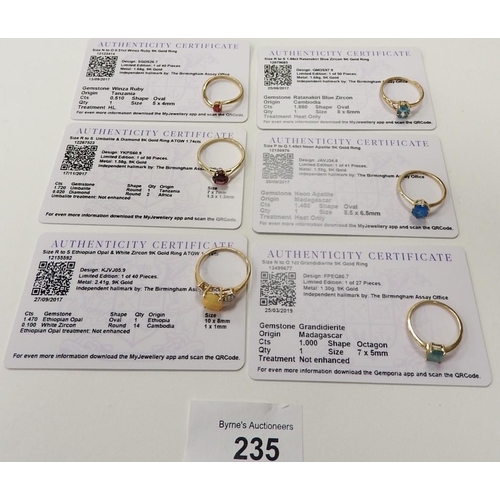 235 - Six Gemporia 9ct gold gem set rings, all with Gemporia certificates, gross weight approx. 11.8g