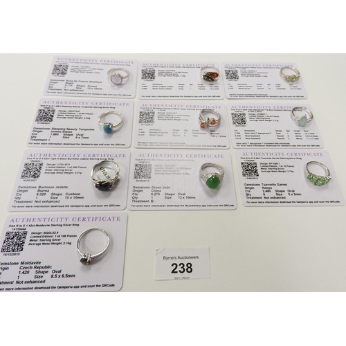 238 - Ten Gemporia silver gem set rings,  all with Gemporia certificates, including jade, turquoise etc, g... 