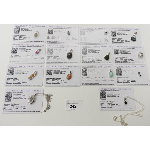 242 - 14 Gemporia gem set pendants mounted in silver including pink sapphire, labradorite, black sapphire,... 