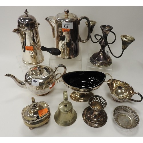 226 - Mixed silver plated wares including chocolate pot, coffee pot, candelabra, teapot, pedestal sugar bo... 