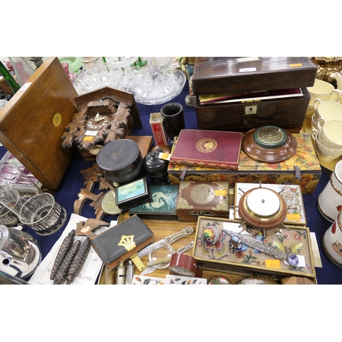 111 - Mixed lot of items including a modern cuckoo clock in need of repair, mother-of-pearl inlaid mahogan... 