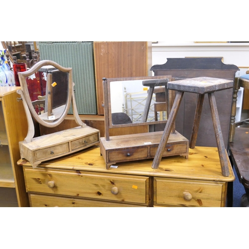 494 - Two mahogany dressing table mirrors and a primitive three legged stool (3)