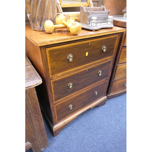 502 - Mahogany and inlaid chest of three drawers, width 74.5cm, height 94cm