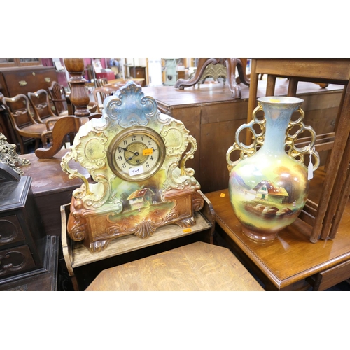 509 - Victorian pottery mantel clock and similar pottery twin handled vase (2)