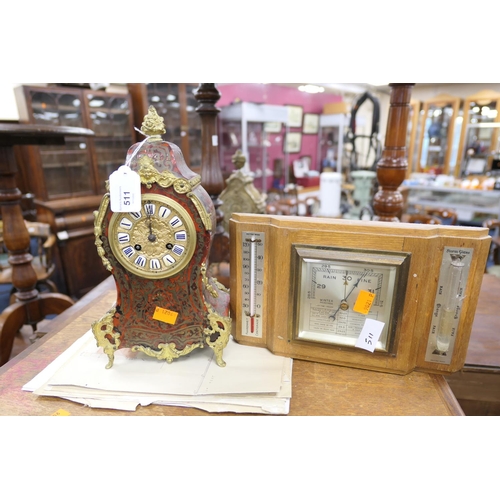 511 - French boulle mantel clock with pendulum, height 30cm; also wall barometer