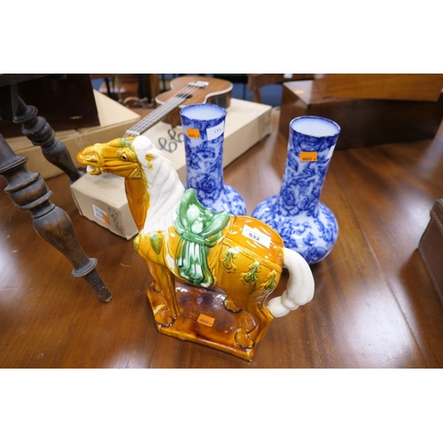 532 - Pair of Losol ware blue and white bottle vases; also a modern Chinese Tang style horse