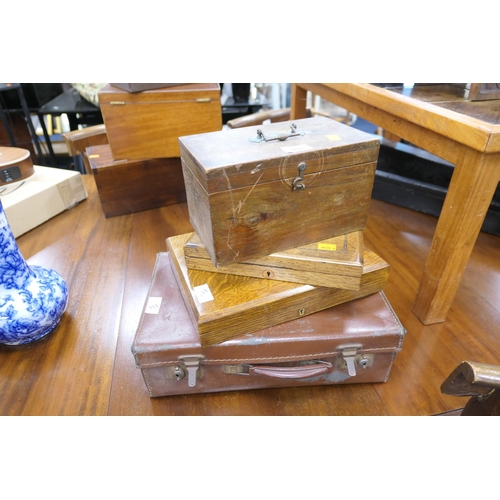 533 - Victorian rosewood and brass inlaid box, oak cutlery box, camphor wood box and a small suitcase (4)