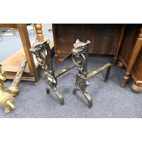 537 - Pair of French black painted wrought metal andirons