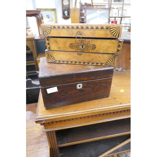 544 - Victorian walnut and parquetry writing box and a Victorian rosewood jewellery box (2)