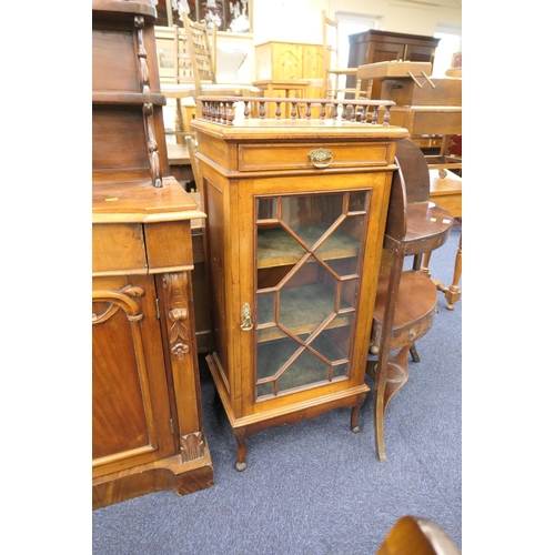 554 - Victorian mahogany glazed music cabinet with galleried top, width 52cm, height 116cm