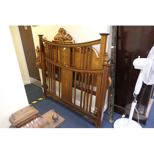 560 - Edwardian mahogany and inlaid double bed with irons, width 144cm; also a Victorian mahogany chiffoni... 