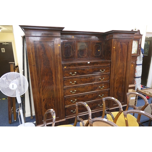 563 - Quality late Victorian flame mahogany and inlaid break front combination wardrobe, circa 1890, width... 