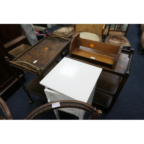 565 - Oak barley twist tea trolley, further oak tea trolley, bookstand, wooden tray and white painted pot ... 