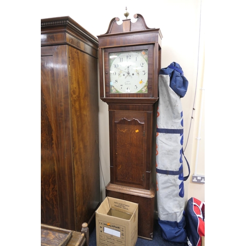 566 - Oak and mahogany eight day long case clock by Collier of Cheadle with two weights and pendulum, heig... 