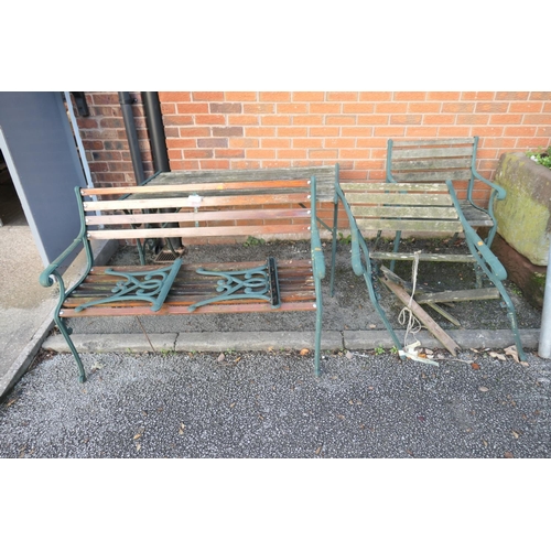 577 - Metal framed wooden slatted garden bench, similar garden table with two armchairs (4)