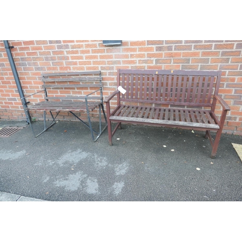 584 - Wooden bench; also a metal framed wooden slatted garden bench