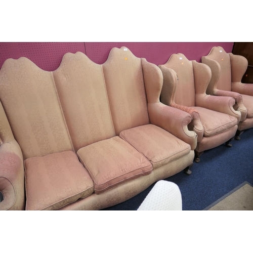 589 - Queen Anne style upholstered camel back settee with matching armchairs (in need of reupholstery)