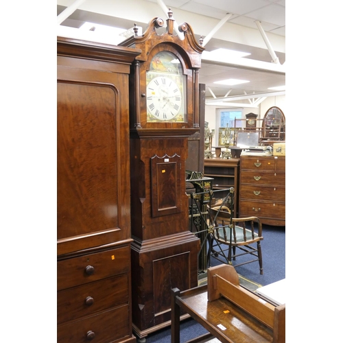 591 - W. Helliwell, Leeds mahogany eight day long case clock with arched painted dial, height 240cm