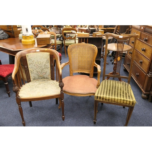 594 - Edwardian mahogany upholstered bow back tub chair; also a French caned and upholstered beech armchai... 