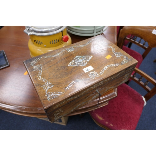 597 - Victorian rosewood and mother-of-pearl inlaid writing box with original blue velvet writing surface,... 