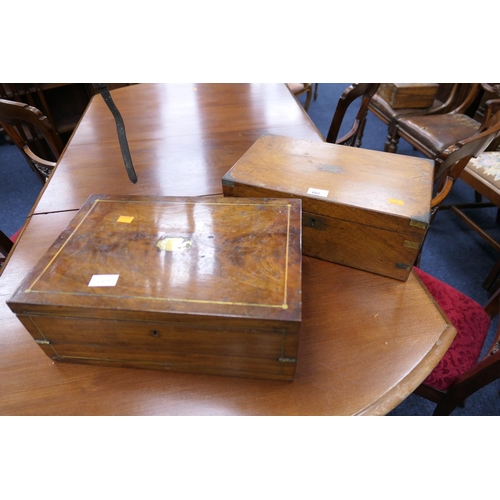 602 - Victorian walnut and brass mounted box and a further Victorian mahogany and brass inlaid writing box... 