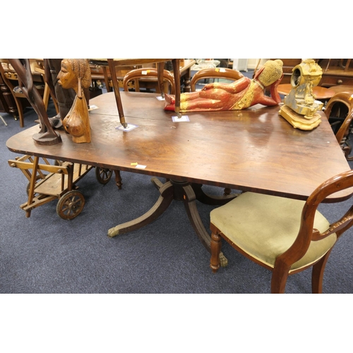 603 - Regency mahogany pedestal dining table, rectangular top 155cm x 104cm, tiling over a turned column a... 