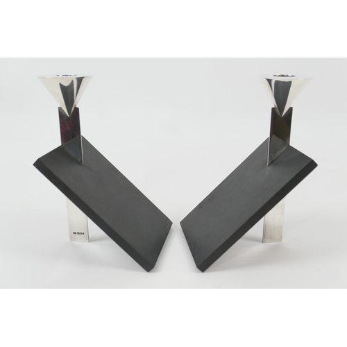 110 - Pair of modern silver and slate candlesticks, maker HF, London 1998, with conical nozzle on a silver... 