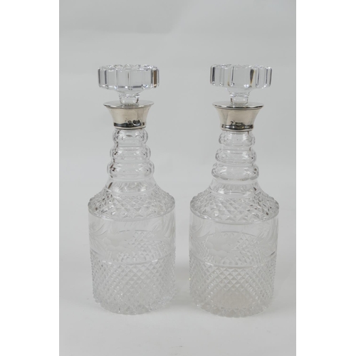 118 - Pair of modern silver mounted cut glass mallet decanters, the collars hallmarked Birmingham 1978, he... 