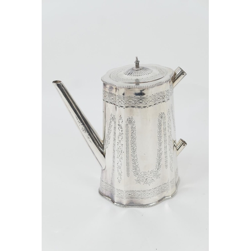 127 - Victorian silver coffee pot, maker Robert Harper, London 1871, tapered and fluted oval form engraved... 