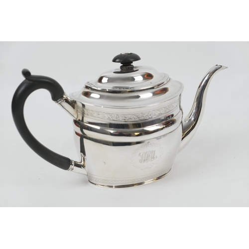 133 - George III silver teapot by John Mewburn, London 1800, oval form with monogrammed cartouche, and bor... 