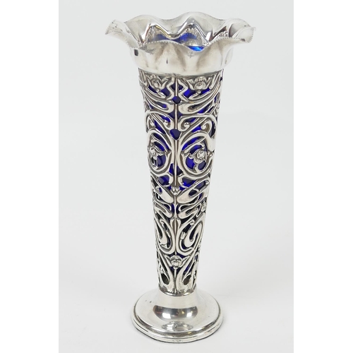 144 - Edwardian silver specimen vase, by Nathan & Hayes, Chester 1905, pierced trumpet form worked in Art ... 