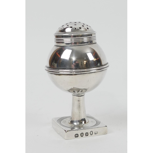 149 - George III silver pounce pot, London 1808, spherical pedestal form raised on a square base, height 8... 