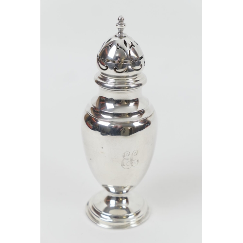 155 - Edwardian silver sugar castor, by Edward Barnard and Sons, London 1907, plain ovoid form engraved wi... 