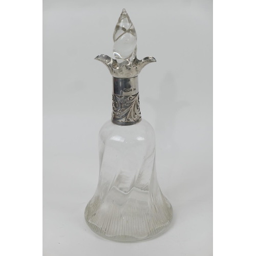 164 - Late Victorian silver mounted glass decanter, by Walker & Hall, Sheffield 1900, the vessel of bell s... 