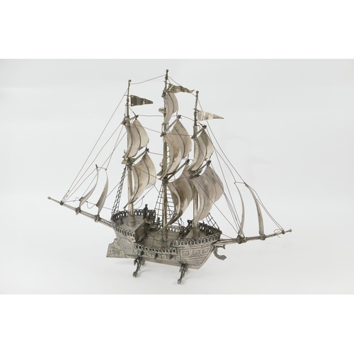 171 - Continental silver plated nef, traditionally worked as a three masted galleon in full sail, raised o... 