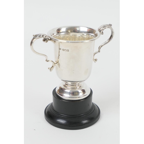 173 - George V silver small trophy cup, by Walker & Hall, Sheffield 1936, twin handled with U-shaped bowl,... 