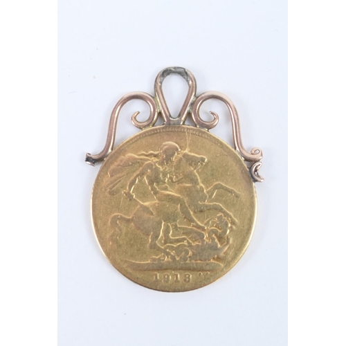 191 - George V sovereign pendant fob, 1913,  mounted in 9ct gold, gross weight approx. 8.3g