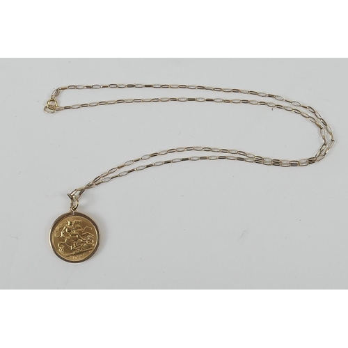 192 - Edward VII half sovereign, 1905, in a 9ct gold pendant mount, suspended from a 9ct gold chain neckla... 