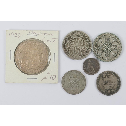 203 - George V half crown, 1923 (EF); also a florin, 1936 (VF); Victorian florin, 1887; George IV shilling... 