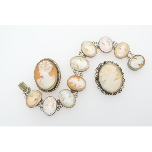 223 - Carved shell cameo bracelet comprising nine cameos set in base metal; also two similar cameo brooche... 