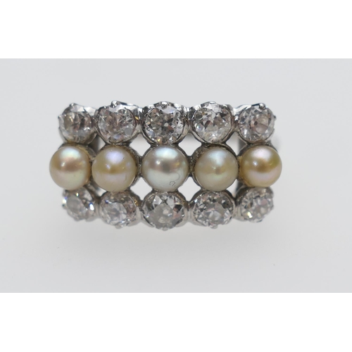 242 - Diamond and cultured pearl cluster ring, set with ten old round cut diamonds totalling approx. 1ct, ... 