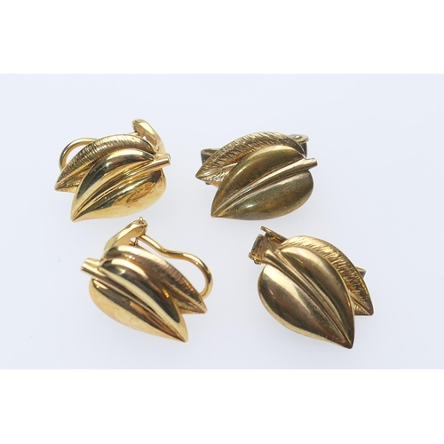 249 - Pair of 9ct gold double leaf form ear clips, 17mm, weight approx. 7.4g; also a pair of similar gold ... 