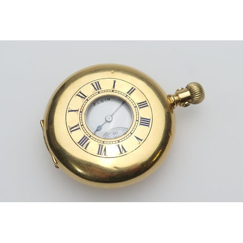 250 - Elgin 18ct gold half hunter pocket watch, the outer case with enamelled Roman numerals, the back cov... 