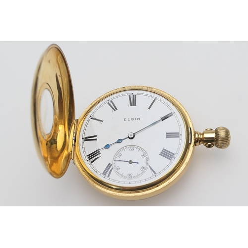 250 - Elgin 18ct gold half hunter pocket watch, the outer case with enamelled Roman numerals, the back cov... 