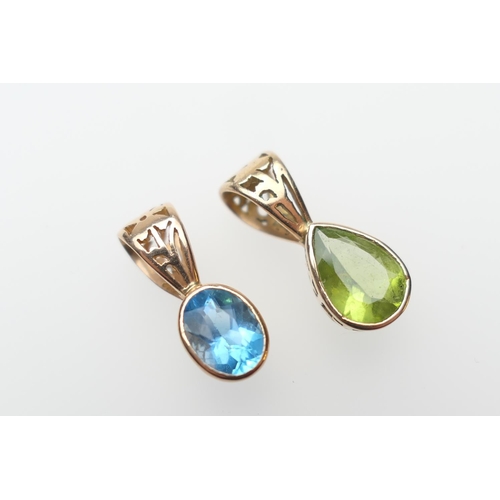 273 - Two semi-precious gem set pendants, being a pear cut peridot and a blue topaz, both set in unmarked ... 