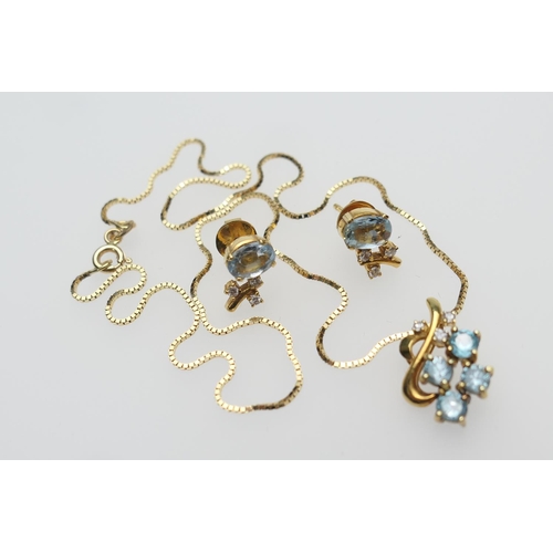 283 - Matched blue topaz and diamond parure, comprising a pendant necklace set with four round cut topaz a... 