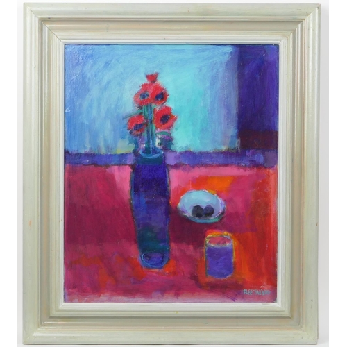 300 - Neville Fleetwood (b. 1932), Flowers in a blue vase, oil on board, signed, 60cm x 50cm