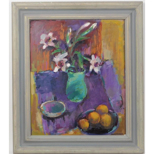 301 - Neville Fleetwood (b. 1932), Still life of narcissus in a green vase, oil on board, signed, 60cm x 5... 